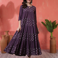 Cotton Calf Length Printed 3/4 Sleeves Key Hole Neck Flared Kurta