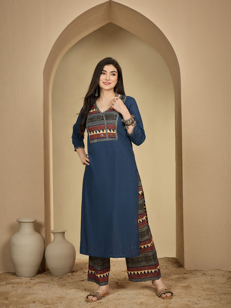 Gulmohar Jaipur Rayon Calf Length Solid 3/4 Sleeves V-Neck Straight Kurta Suit Set