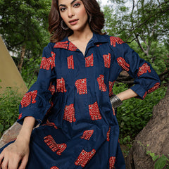 Gulmohar Jaipur Cotton Calf Length Printed Full Sleeve Shirt Collar Flared Dress