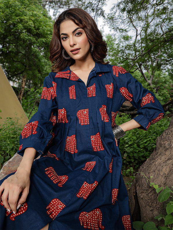 Gulmohar Jaipur Cotton Calf Length Printed Full Sleeve Shirt Collar Flared Dress