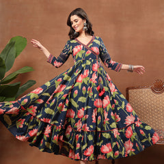 Cotton Ankle Length Printed 3/4 Sleeves V-Neck Flared Kurta