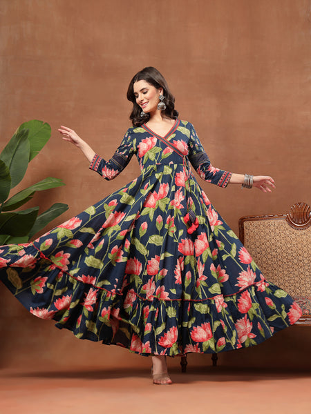 Cotton Ankle Length Printed 3/4 Sleeves V-Neck Flared Kurta