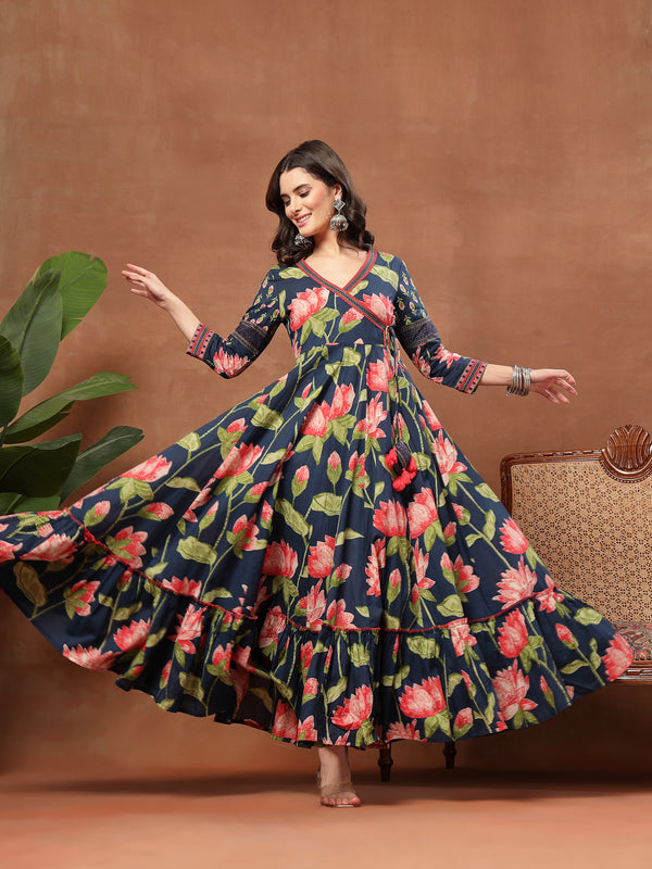 Cotton Ankle Length Printed 3/4 Sleeves V-Neck Flared Kurta