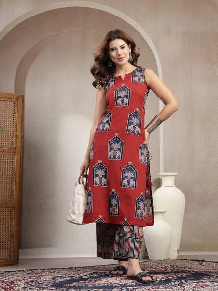 Cotton Calf Length Printed Sleeveless Round Neck Straight Kurta Suit Set