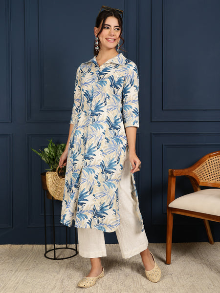 Blue Cotton Flex Calf Length Printed Shirt Coller Straight Kurta
