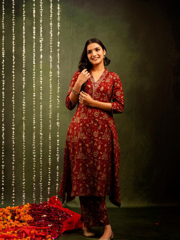 Maroon Cotton Calf Length Printed A-Line V-Neck Kurta Palazzo Set