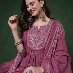 Cotton Calf Length Printed 3/4 Sleeves Round Neck Semi-Flared Kurta Suit Set
