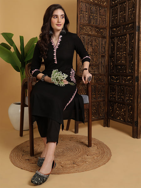 Black Rayon Embroidered Calf Length Solid Straight V-Neck Kurta
