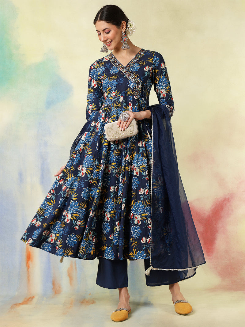 Black Pure Cotton Printed hand-Work Anarkali Kurta Suit Set