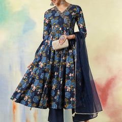 Black Pure Cotton Printed hand-Work Anarkali Kurta Suit Set
