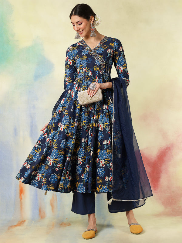 Black Pure Cotton Printed hand-Work Anarkali Kurta Suit Set