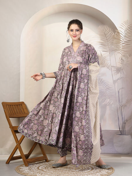 Purple Cotton Calf Length Printed V-Neck Flared Kurta Suit Set