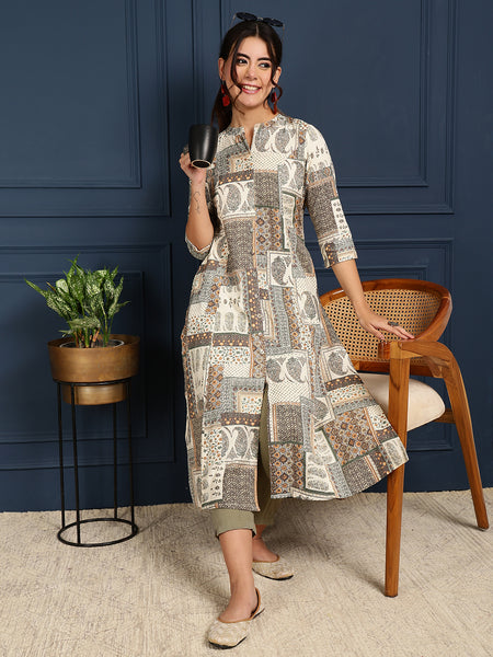 Cotton Flex Calf Length Printed Mandarin Coller A-Line Kurta
