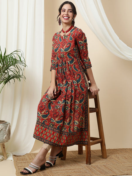 Rayon Calf Length Printed Semi-Flared 3/4 Sleeves Round Kurta