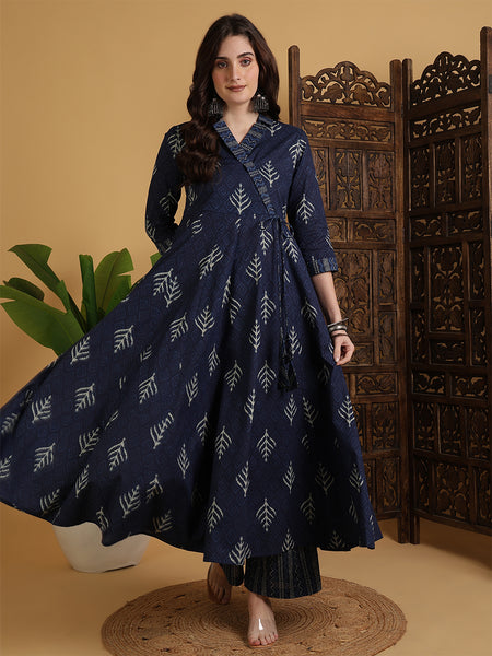 Navy Blue Cotton Calf Length Printed Flared V-Neck Kurta Palazzo Set