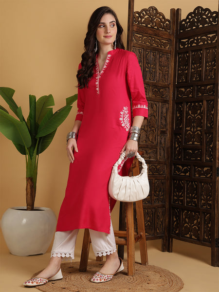 Coral Rayon Embroidered Calf Length Solid Straight V-Neck Kurta