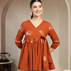 Gulmohar Jaipur Rayon Hip Length Printed 3/4 Sleeves V-Neck Flared Top