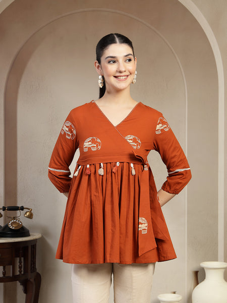 Gulmohar Jaipur Rayon Hip Length Printed 3/4 Sleeves V-Neck Flared Top
