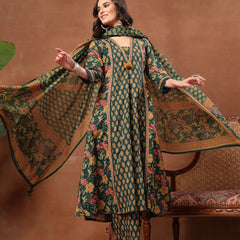Cotton Calf Length Printed 3/4 Sleeves V-Neck Flared Kurta Suit Set