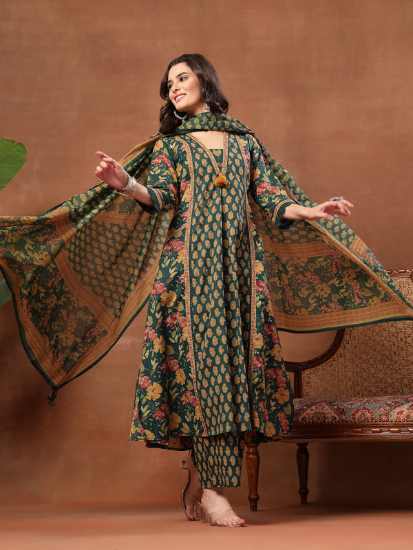 Cotton Calf Length Printed 3/4 Sleeves V-Neck Flared Kurta Suit Set