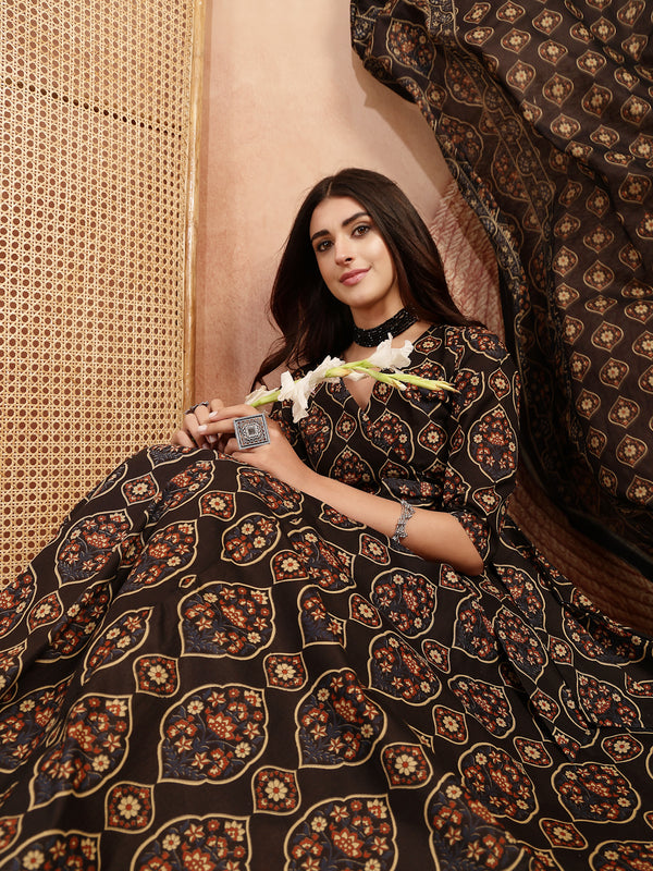 Gulmohar Jaipur Cotton Calf Length Printed 3/4 Sleeves V-Neck Anarkali Kurta Suit Set