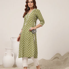 Cotton Calf Length Printed 3/4 Sleeve V-Neck Straight Kurta