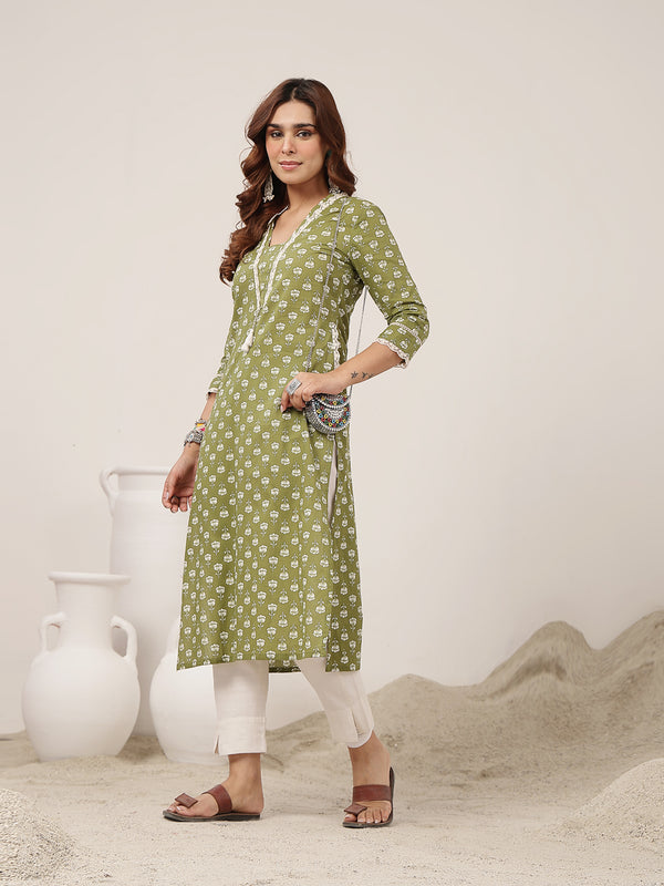 Cotton Calf Length Printed 3/4 Sleeve V-Neck Straight Kurta