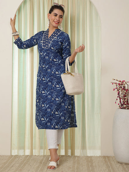 Indigo Cotton Calf Length Printed Straight V-Neck Kurta