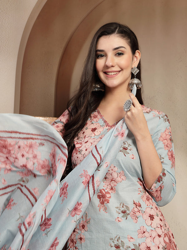 Gulmohar Jaipur Cotton Calf Length Printed 3/4 Sleeves V-Neck Straight Kurta Suit Set