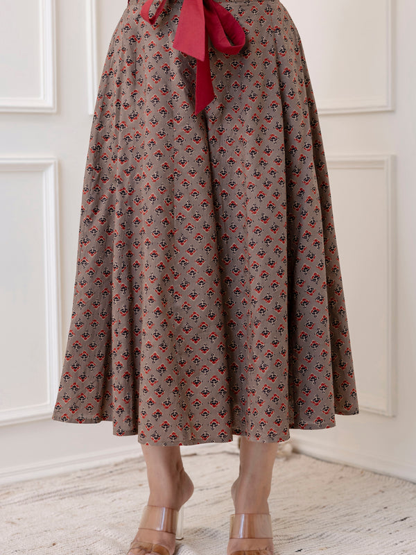 Grey Cotton Calf Length Printed Flared Palazzo