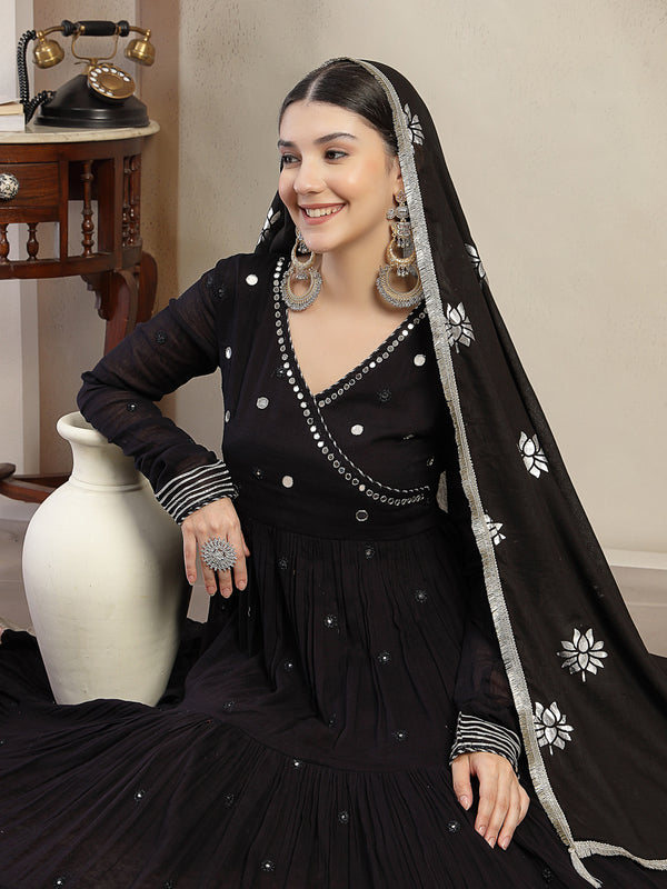 Gulmohar Jaipur Malmal Calf Length Solid Full Sleeves Anrakha Neck Anarkali Kurta Suit Set