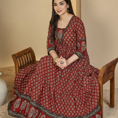 Gulmohar Jaipur Cotton Ankle Length Printed 3/4 Sleeves V-Neck Anarkali Kurta