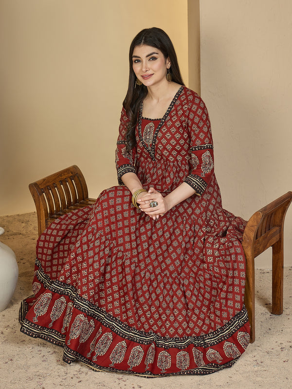 Gulmohar Jaipur Cotton Ankle Length Printed 3/4 Sleeves V-Neck Anarkali Kurta