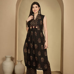 Gulmohar Jaipur Cotton Calf Length Printed Sleeveless Collard Straight Kurta Suit Set