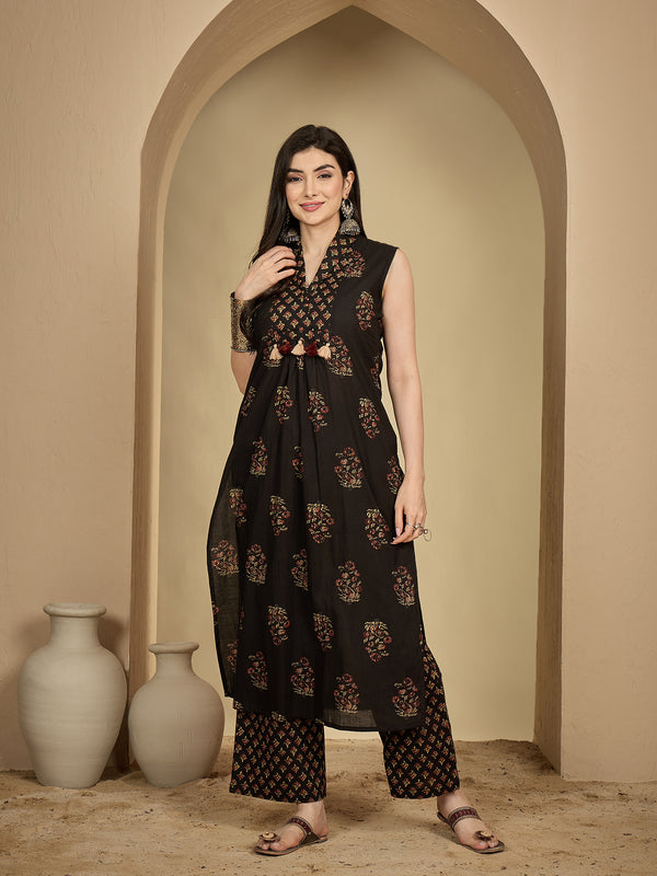 Gulmohar Jaipur Cotton Calf Length Printed Sleeveless Collard Straight Kurta Suit Set
