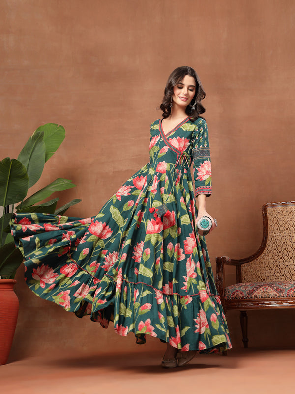 Cotton Ankle Length Printed 3/4 Sleeves V-Neck Flared Kurta