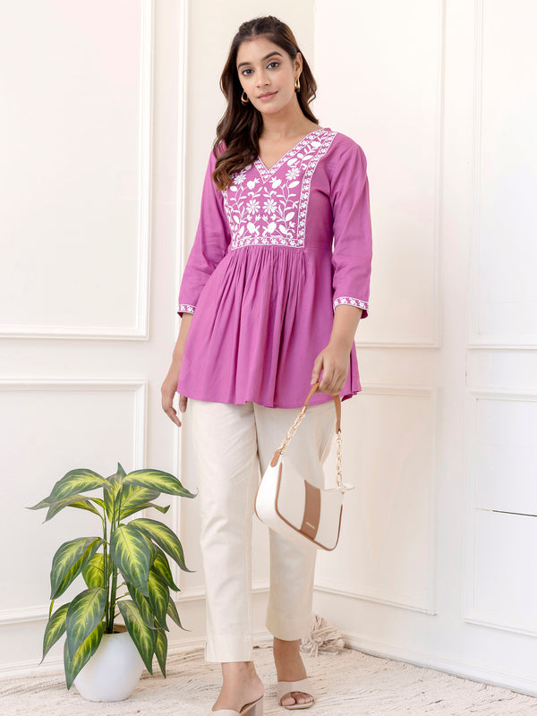 Lavender Rayon Hip Length Solid V-Neck Solid Embroidered Semi-Flared Top