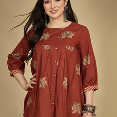 Gulmohar Jaipur Rayon Hip Length Printed 3/4 Sleeves Round Neck Flared Top