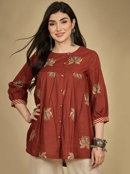 Gulmohar Jaipur Rayon Hip Length Printed 3/4 Sleeves Round Neck Flared Top