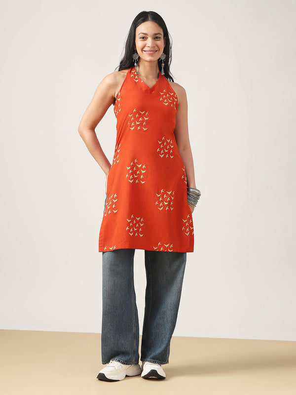 Rayon Mid Length Printed Sleeveless V-Neck Straight Kurta