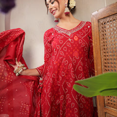 Cotton Calf Length Printed 3/4 Sleeve V-Neck Flared Kurta Suit Set