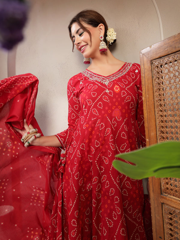 Cotton Calf Length Printed 3/4 Sleeve V-Neck Flared Kurta Suit Set