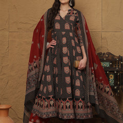 Black Cotton Printed Collared Neck Anarkali Kurta Suit Set