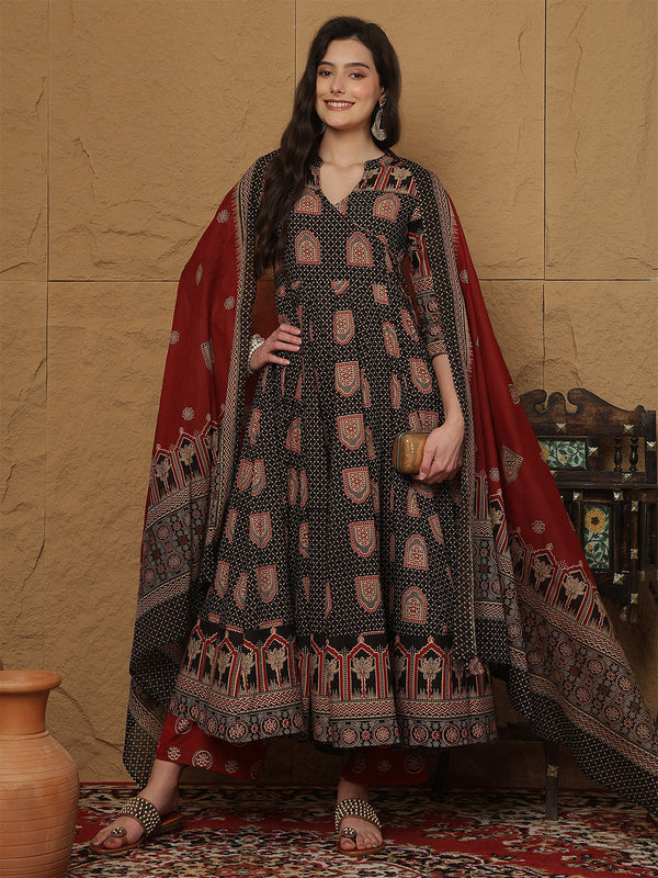 Black Cotton Printed Collared Neck Anarkali Kurta Suit Set