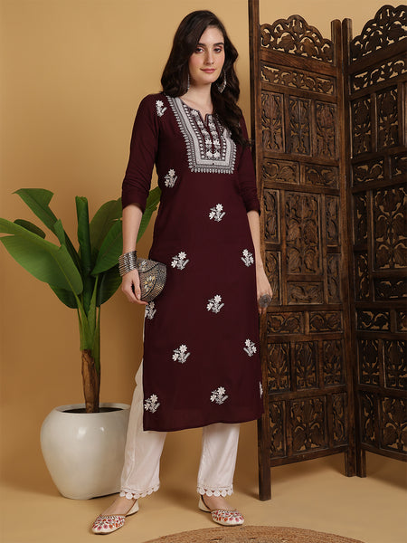 Wine Rayon Embroidered Calf Length Solid Straight Round Neck Kurta