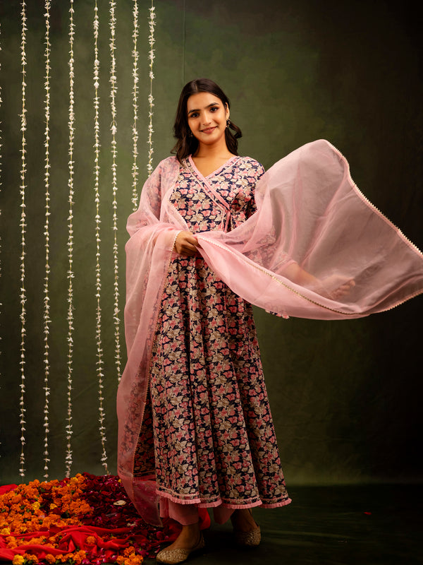 Navy Cotton Calf Length Printed Flared Angrakha Kurta Suit Set