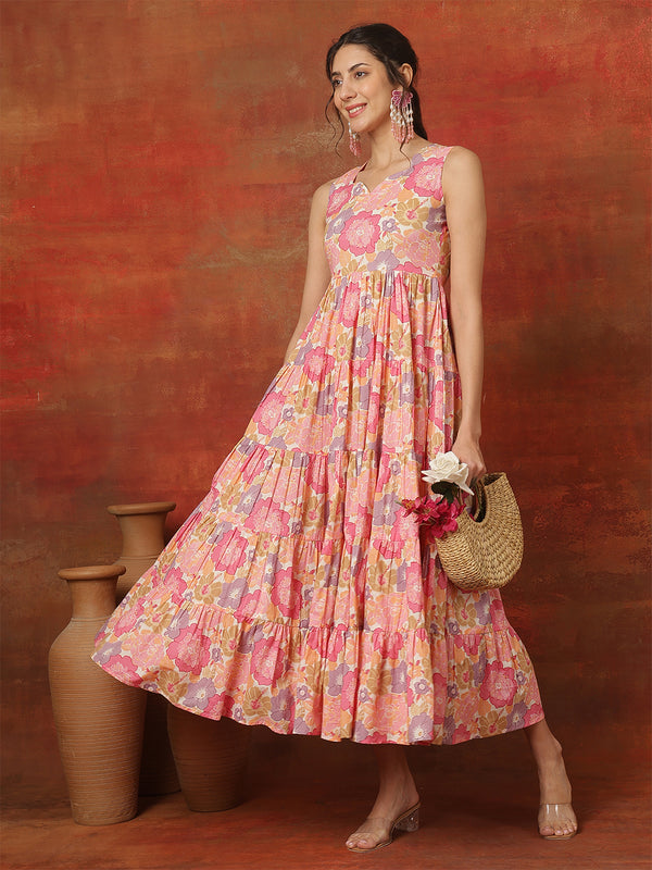 Pink Pure Cotton Calf Length Solid  Sweetheart Neck Flared Kurta