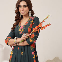 Rayon Calf Length Printed 3/4 Sleeve V-Neck Flared Kurta