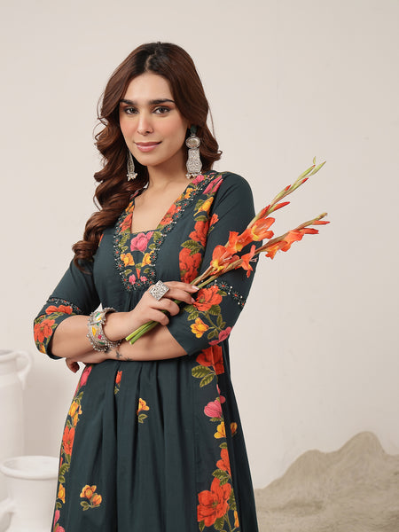 Rayon Calf Length Printed 3/4 Sleeve V-Neck Flared Kurta