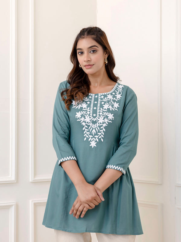 Skyblue Rayon Hip Length Solid Round Neck Solid Embroidered Straight Top